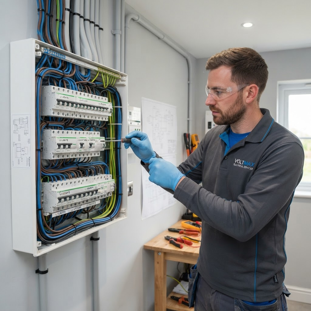Electrician wiring an electrical distribution panel