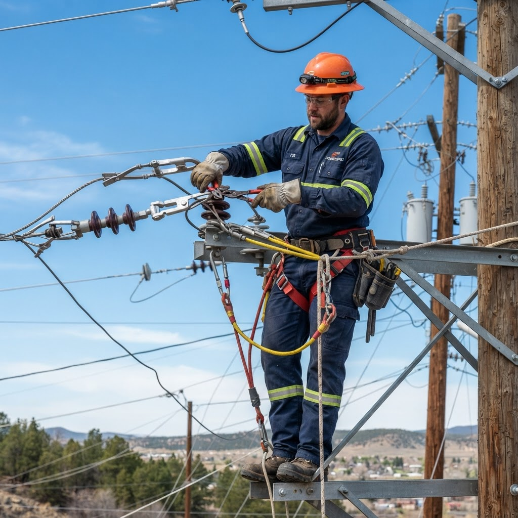 Madani Electric technician working on overhead power lines